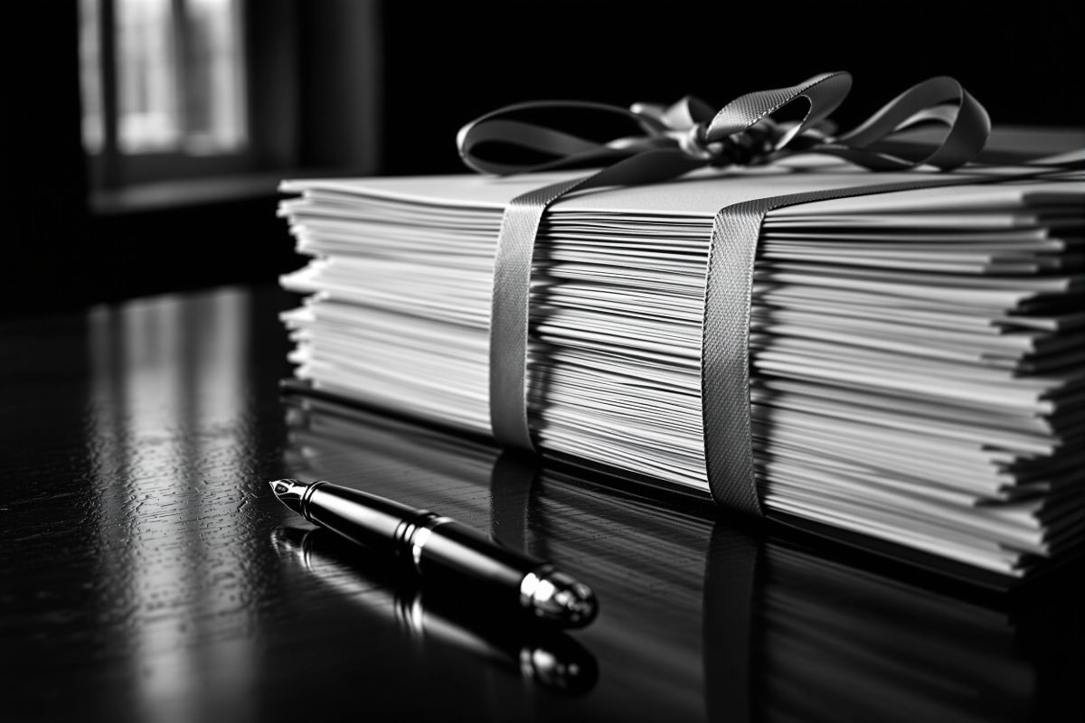 Case files tied with legal tape on a dark wood table beside a pen, side light
                picking out the edge of the paper.