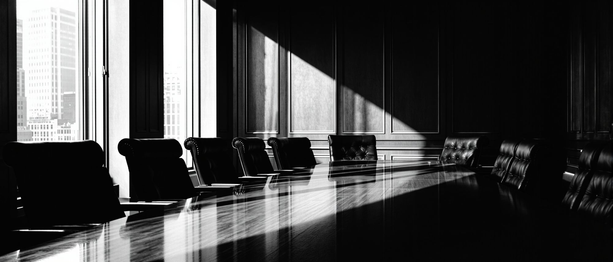 Empty firm boardroom, the long dark wood table crossed by a shaft of light from
        the windows.